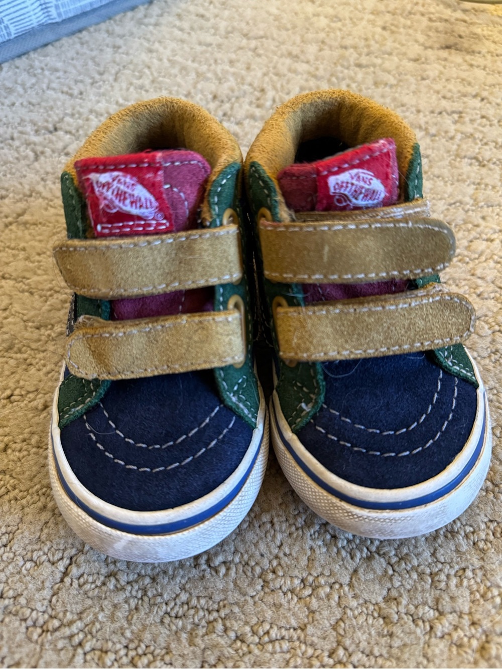 Vans Kids Navy, Green, Red & Tan Suede Velcro Sneakers
